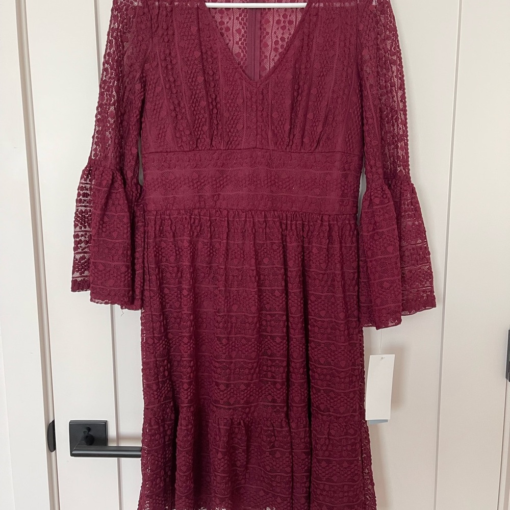 London Times Burgundy Lace Long Sleeve Dress